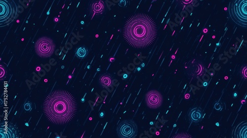 Abstract Seamless Pattern with Neon Purple Circles and Glowing Diagonal Streaks on Dark Blue Background