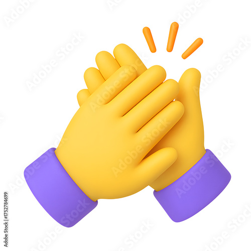 3D clapping hands, yellow gesture with purple sleeves, isolated on transparent background