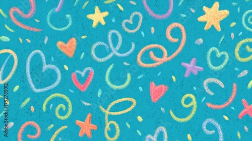 Playful Hand-Drawn Pattern with Colorful Hearts, Stars, and Swirls on a Teal Background