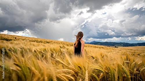 Woman with long hair walking through a golden wheat field under a stormy sky.