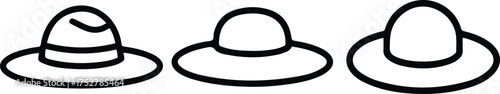 Sun Hat and Bucket Hat Line Art Set, Summer Headwear Outline Icons