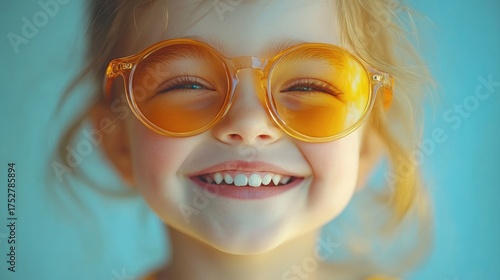 Smiling young girl wearing yellow sunglasses poses for the camera against a blue background.