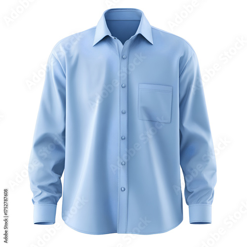 Sky blue office shirt, long sleeves, structured collar, realistic light reflection, transparent background