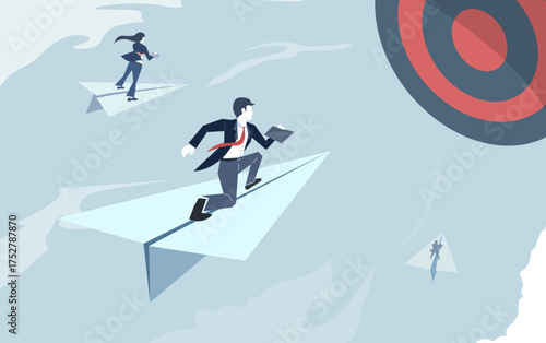 Business teamwork flying on a paper airplane reaching a target goal illustration, teamwork coordination determination business exercise.