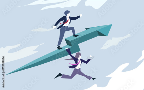 Business partners riding on a graph line arrow illustration, increase growth of business by teamwork planning and strategy.