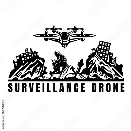 Surveillance Drone over Destroyed City – Military Reconnaissance Illustration