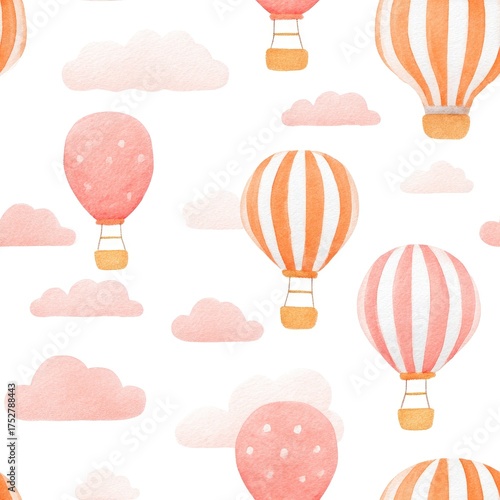 Festive watercolor hot air balloon seamless pattern for childcare center wallpaper and fabric cute design perfect for brightening playful environments