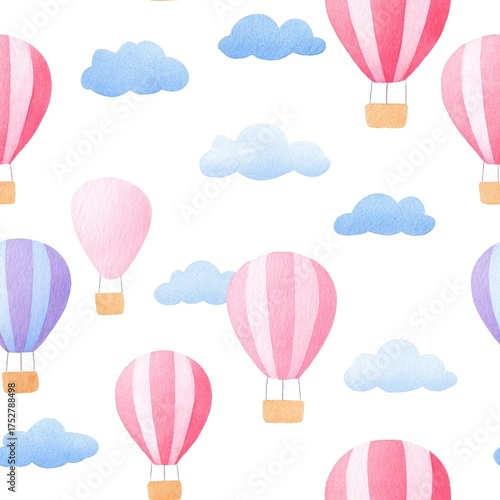 Festive watercolor hot air balloon seamless pattern wallpaper for childcare center fabric cute design ideal for playroom decor