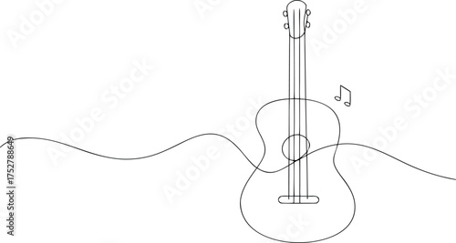 Single line drawing acoustic guitar with musical note