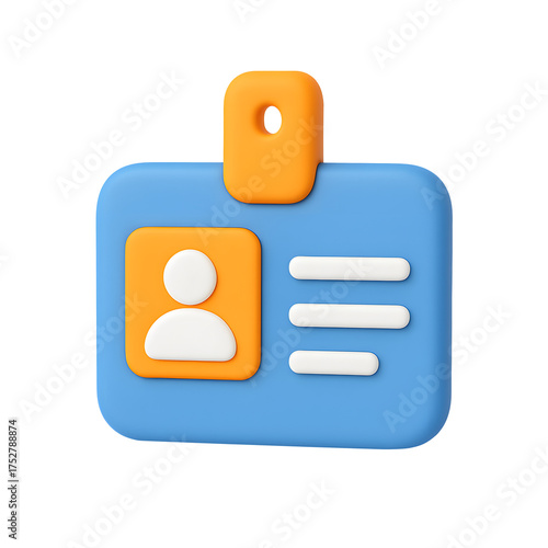 3D identification badge icon, user profile card with text, isolated on transparent background
