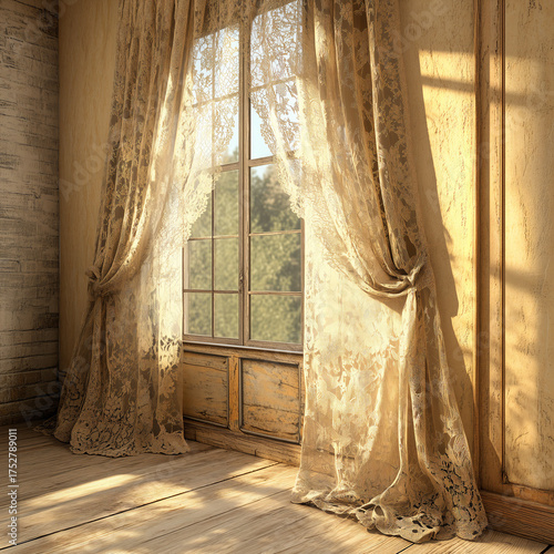 Wallpaper Mural Bright Rustic Room with Wooden Floor and Lace Curtains Torontodigital.ca