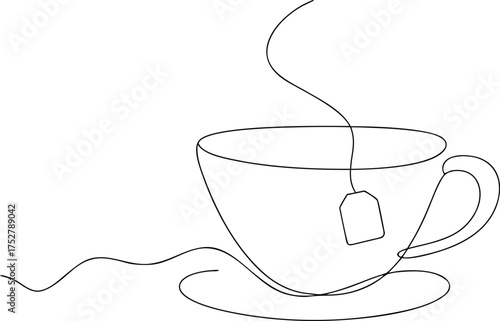 Minimalist line art of a teacup with tea bag and saucer