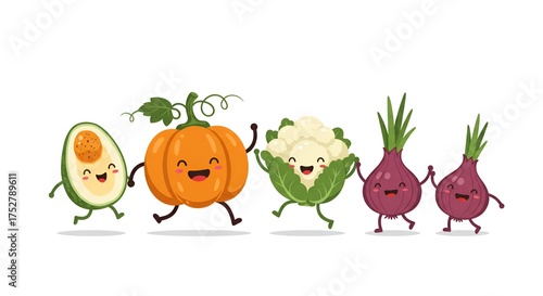 Cartoon vegetables including an avocado, pumpkin, cauliflower and onions running happy