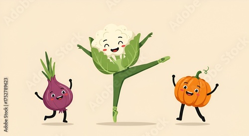 Cheerful cartoon vegetables include a happy onion, cauliflower ballerina, and pumpkin.