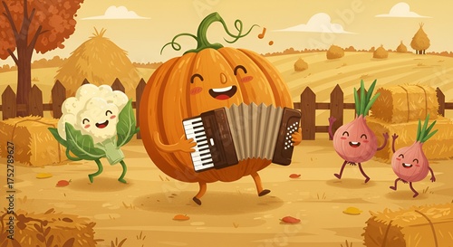 Happy cartoon pumpkin plays accordion with cheerful vegetables in an autumn farm scene.
