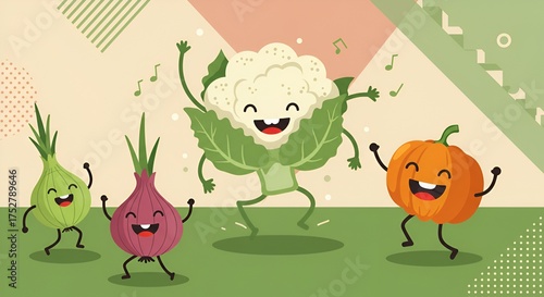 Happy cartoon vegetables joyfully dancing together to music against a patterned background