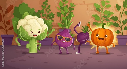 Animated cartoon vegetables celebrate friendship in a vibrant garden setting, full of joy.