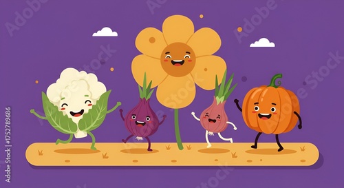 Happy cartoon vegetables and flower are walking joyfully on a yellow surface.