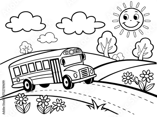 A whimsical cartoon of a school bus driving through a sunny countryside, with puffy clouds, a smiling sun, and flowers along the roadside. Drawn in a bold, outlined black-and-white style.