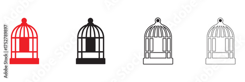 Bird cage icon set, locked bird cage vector, silhouette and line art