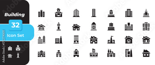 Collection of diverse building icons in a clean silhouette style