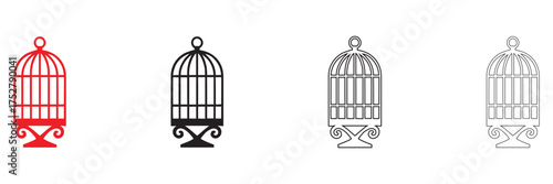 Bird cage icon set, locked bird cage vector, silhouette and line art