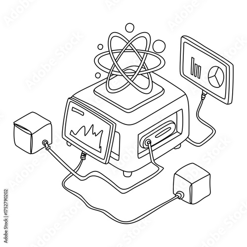 Isometric Science Machine with Atom, Graph, and Data Cubes in Black and White