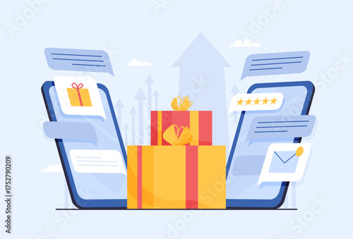 Two smartphones exchanging messages with gift boxes and rating stars. Flat vector illustration of online shopping and present delivery on blue background. E-commerce and digital marketing concept
