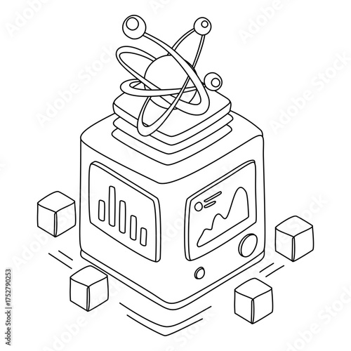 Isometric Data Analysis Server with Atom Model and Floating Cubes Outline