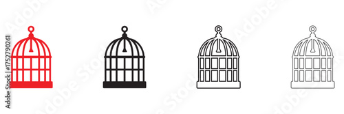 Bird cage icon set, locked bird cage vector, silhouette and line art