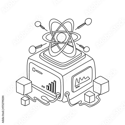 Isometric Computer with Atom Symbol and Data Cubes in Black and White Outline