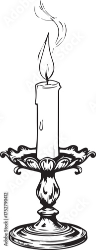 Classic Candle in Ornate Holder Vector – Black and White Line Art with Flame, Wax Drip, and Smoke Trail