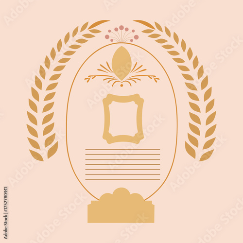 Decorative oval frame with laurel wreath and floral accents on pastel background emblem badge