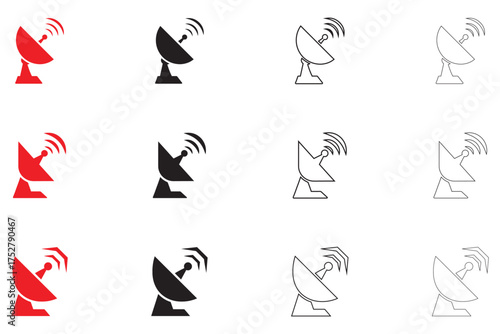 Satellite Dish Antenna vector Icon, radar signal transmitter receiver symbol vector, silhouette and line art