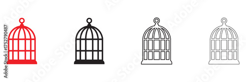 Bird cage icon set, locked bird cage vector, silhouette and line art