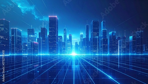 Abstract digital cityscape with glowing blue grid lines and futuristic building outlines, technology concept