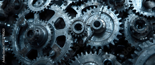 Intricate industrial gears meshing together in dynamic detail, conveying precision, engineering, and complex mechanical systems.