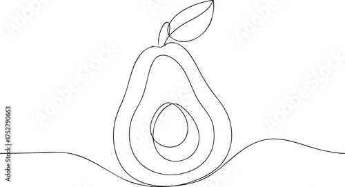 Single line drawing of a halved avocado with leaf fruit