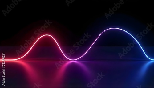 A neon pink and blue sine wave on a reflective surface , black background.