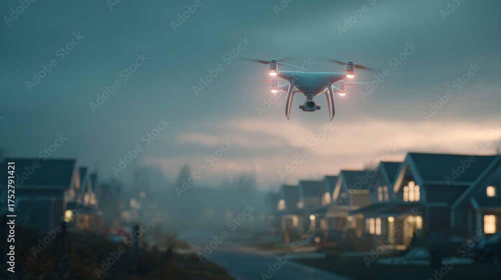 Fototapeta premium Drone flying over suburban neighborhood dusk