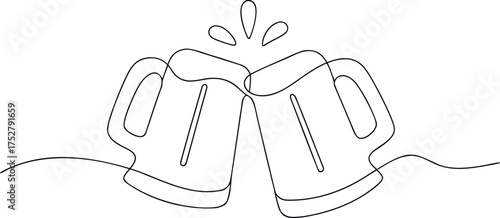 Two beer mugs clinking in continuous line art toasting
