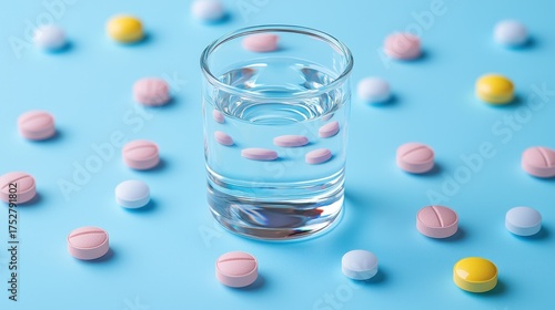 Glass of water with colorful pills on a blue surface.