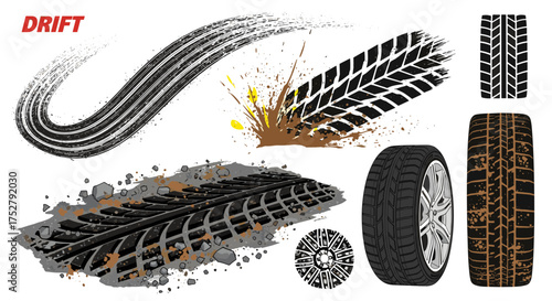 Vector art of collection of tire tracks and tire tread patterns