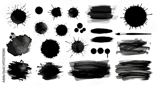 Vector art of collection of black ink splatters, brush strokes, and drops