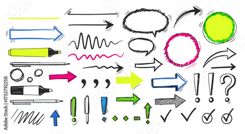 Vector art of collection of handdrawn arrows, speech bubbles, markers, and punctuation marks