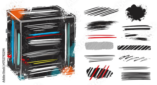 Vector art of collection of grunge brush strokes and paint splatters on a