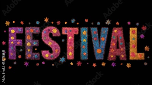 Festival text banner with colorful decorative stars on black background