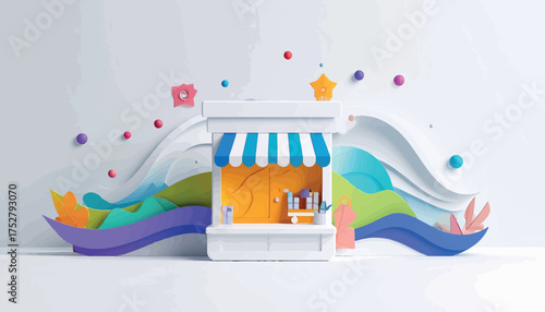 A vibrant illustration of a small shop with a striped awning, surrounded by colorful abstract shapes and decorations.