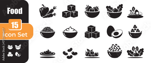 Collection of 15 food and ingredient icons in a clean silhouette style