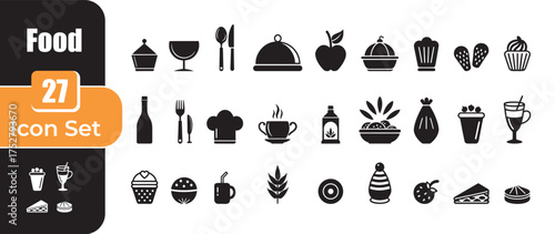 Collection of food and drink icons in a distinctive silhouette style